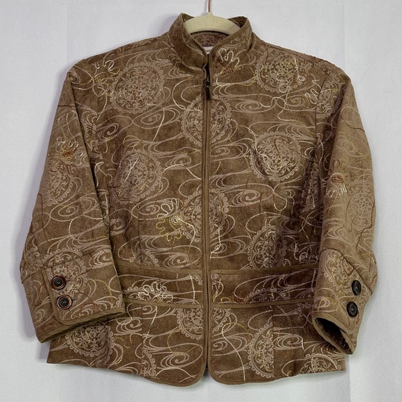 Coldwater Creek Jackets & Blazers - Coldwater Creek Jacket Brown Embroidered Floral Gold Glitter 3/4 Sleeve Jacket